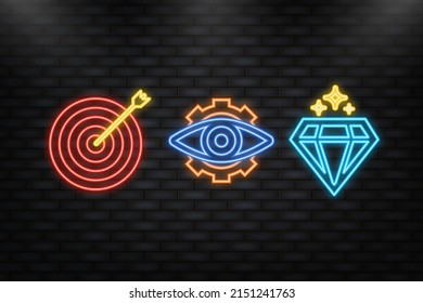 Neon Icon. Mission. Vision. Values. Modern flat design concept. Vector icon on white background. Vector illustration