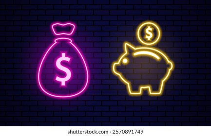 Neon icon of money bag and piggy bank on dark background with brick texture. Symbols of financial accumulation and wealth