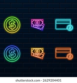 neon icon Money symbol. neon style. Dollar bills icon vector illustration. credit card with dollar symbol.