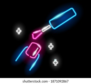 Neon icon of nail painting with brush isolated on black background. Woman finger in manicure process. Manicurist, beauty salon, nail bar, fashion concept. Vector 10 EPS illustration.