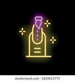 Neon icon of nail polish applying on finger with shiny particles around