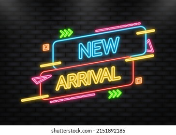 Neon Icon. New arrival label on dark background. New arrival. Vector illustration