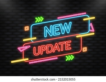 Neon Icon. New update flat label on blue background. Red banner. Vector illustration.