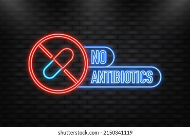 Neon Icon. No hormones, no antibiotics green flat banner on white background. Vector illustration