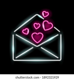 Neon icon of open envelop with loving hearts inside isolated on black background. Love letter, St. Valentine Day, mail concept. Vector 10 EPS illustration.
