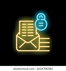 Neon icon of an open envelope with a document and a padlock representing online security