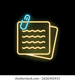Neon icon of paper documents or letters attached with paperclip glowing on dark background