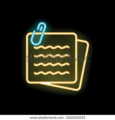 Neon icon of paper documents or letters attached with paperclip glowing on dark background