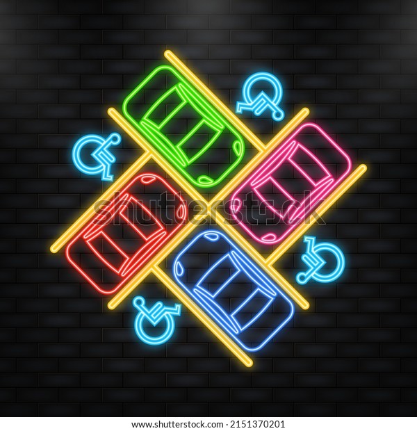 Neon Icon. Parking lot
design with wheel chair sign parking spot. Many cars parked. Vector
Illustration