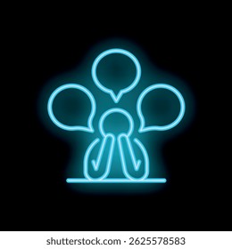 Neon icon of a person contemplating multiple speech bubbles, symbolizing a challenging decision making process