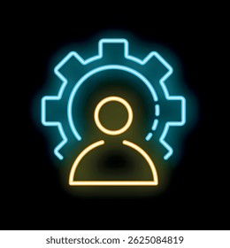 Neon icon of a person inside a cogwheel representing human resource management, employee engagement, and talent acquisition