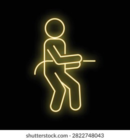 Neon icon of a person pulling a rope, illustrating concepts of competition and strength