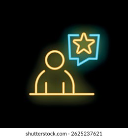 Neon icon of a person with a speech bubble containing a star, symbolizing positive feedback or a good review