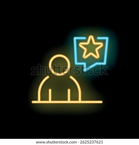 Neon icon of a person with a speech bubble containing a star, symbolizing positive feedback or a good review