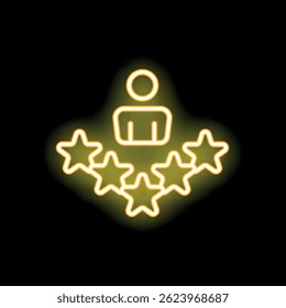 Neon icon of a person standing above five stars, representing a five star rating or feedback