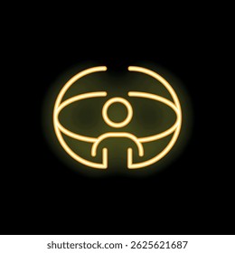 Neon icon of a person standing inside a rotating globe representing global business, international relations, and worldwide communication