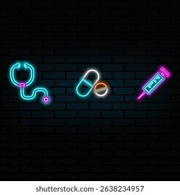 neon, icon, Pill, syringe. Medicine, Health. Stethoscope glyph icon. neon style.heart rate, pulse diagnosis..flat vector stethoscope icon Cardiac medicine Medical nurse.