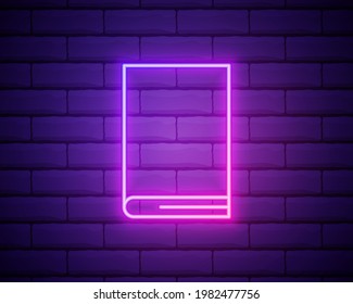Neon icon of pink Book. Vector illustration of Neon Book consisting of neon outlines, with backlight on the dark brick wall background.