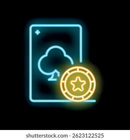 Neon icon of a playing card with the suit of clubs and a casino chip, glowing on a dark background