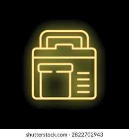 Neon icon of a portable printer with handle and file folder displaying on its screen