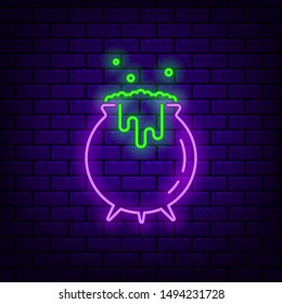 Neon icon of pot of magic potion on the dark brick background. Editable stroke and blend. Vector illustration.