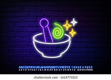 Neon icon of a pot with a magic potion on a dark brick background. Editable stroke and blend. Vector illustration with neon text.