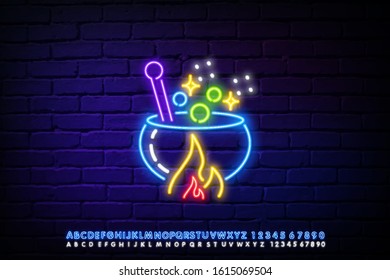 Neon icon of pot of magic potion on the dark brick background. Editable stroke and blend. Vector illustration.