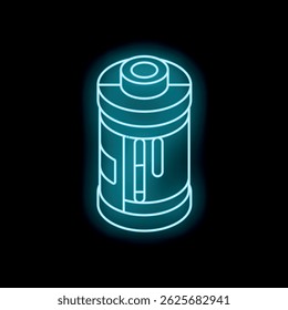 Neon icon of a protein powder container glowing on a dark background representing fitness and nutrition