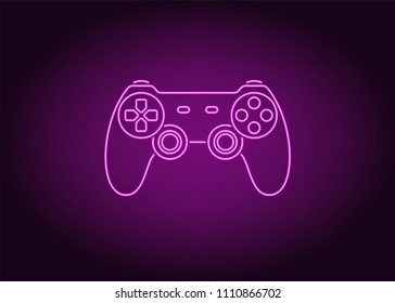 Neon icon of Purple Joystick. Vector illustration of Purple Wireless Gamepad consisting of neon outlines. Neon Gaming Joystick with backlight on the dark background