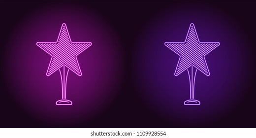 Neon icon of Purple and Violet Award. Vector illustration of Star Trophy consisting of neon outlines, with backlight on the dark background