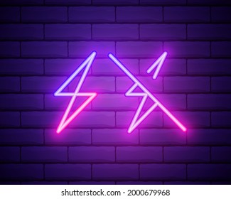 Neon icon of Purple and Violet Electric Energy. Vector illustration of Purple and Violet Neon Electrical Sign consisting of neon outlines, with backlight on the dark brick wall background.