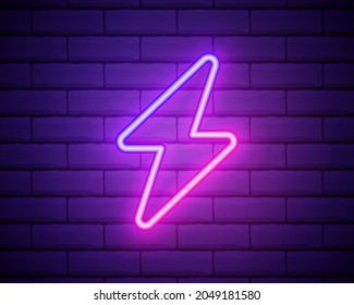 Neon icon of Purple and Violet Electric Energy. Vector illustration of Purple and Violet Neon Electrical Sign consisting of neon outlines, with backlight on the dark brick wall background
