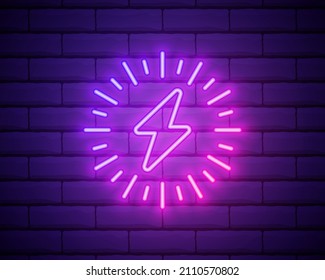 Neon icon of Purple and Violet Electric Energy. Vector illustration of Purple and Violet Neon Electrical Sign consisting of neon outlines, with backlight on the dark brick wall background