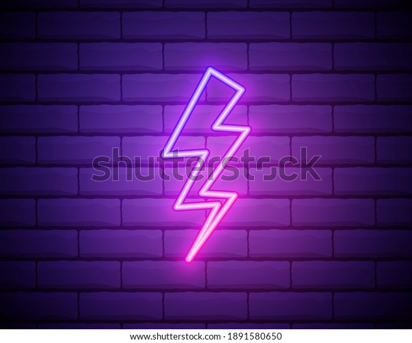 Neon\
icon of Purple and Violet Electric Energy. Vector illustration of\
Purple and Violet Neon Electrical Sign consisting of neon outlines,\
with backlight on the dark brick wall\
background