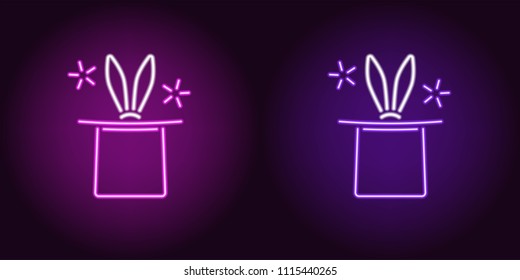 Neon icon of Purple and Violet Magic Hat. Vector illustration of Neon Magic Hat with Rabbit consisting of neon outlines, with backlight on the dark background