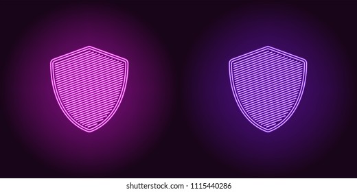 Neon icon of Purple and Violet Network Shield. Vector illustration of Neon Shield consisting of neon outlines, with backlight on the dark background