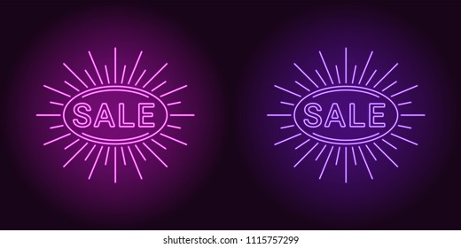 Neon icon of Purple and Violet Sale badge. Vector illustration of Neon Sale Offer consisting of neon outlines and oval sunburst frame, with backlight on the dark background