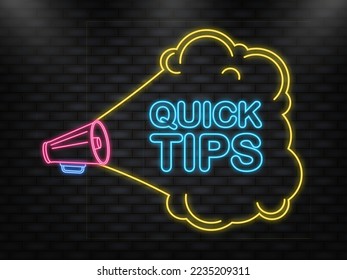 Neon Icon. Quick tips megaphone yellow banner in 3D style on white background. Vector illustration.