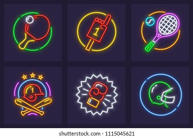 Neon icon with racket and ball for playing ping-pong, table tennis game. Sporting equipment. EPS10.