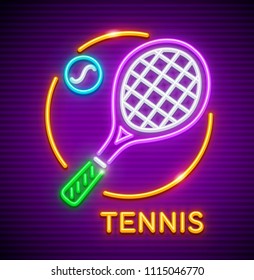 Neon icon with racket and ball for playing big tennis at court. Sporting equipment. EPS10.