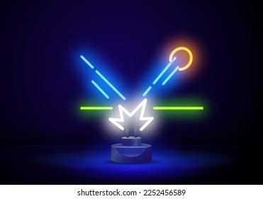 Neon icon with racket and ball for playing ping-pong, table tennis game. Sporting equipment. EPS10.