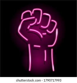 Neon icon of raised fist isolated on black background.  Sign of human hand up. Protest, strength, victory, power, solidarity concept. Night signboard style. Vector 10 EPS illustration.