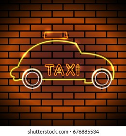 Neon icon in realistic style Vector illustration Neon sign of taxi car in yellow color on a brick wall background Trendy design and text effect