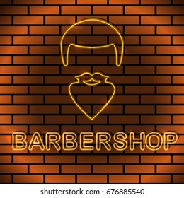 Neon icon in realistic style Vector illustration Neon sign of hairdressing salon with the inscription Barbershop in yellow color on a brick wall background Trendy design and text effect
