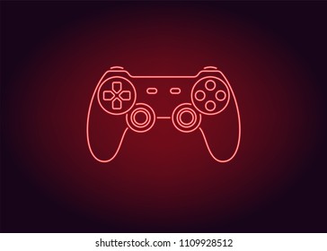Neon icon of Red Joystick. Vector illustration of Red Wireless Gamepad consisting of neon outlines. Neon Gaming Joystick with backlight on the dark background
