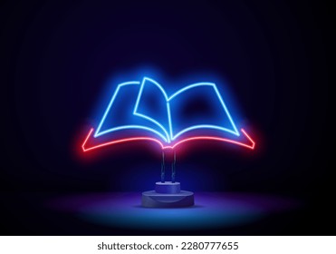 Icono neón del Libro Rojo y Rosa. Ilustración vectorial del Neon Book que consiste en contornos de neón, con retroiluminación en el fondo oscuro