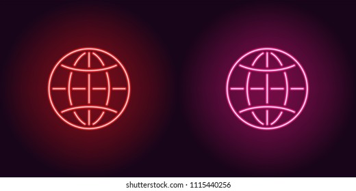 Neon icon of Red and Pink Globe. Vector illustration of Neon Globe consisting of neon outlines, with backlight on the dark background