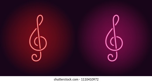 Neon icon of Red and Pink Musical Note. Vector illustration of Neon Treble Clef consisting of neon outlines, with backlight on the dark background