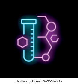 Neon icon representing a chemical test tube and a molecule formula, perfect for topics like chemistry, science and research