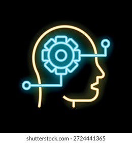 Neon-Ikone, die das Konzept der künstlichen Intelligenz mit einem Getriebe darstellt, das in einem menschlichen Kopf arbeitet